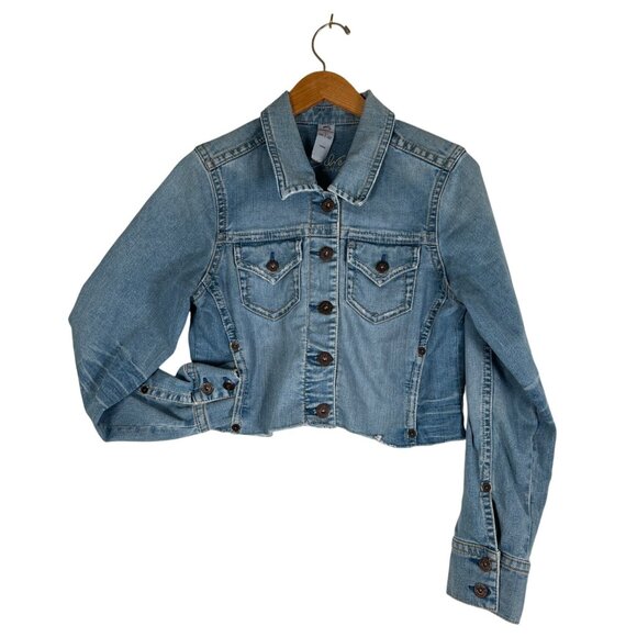 Silver Jeans Womens Size L Denim Jacket Cropped Distressed Raw Hem Med Wash L/S - Picture 1 of 13